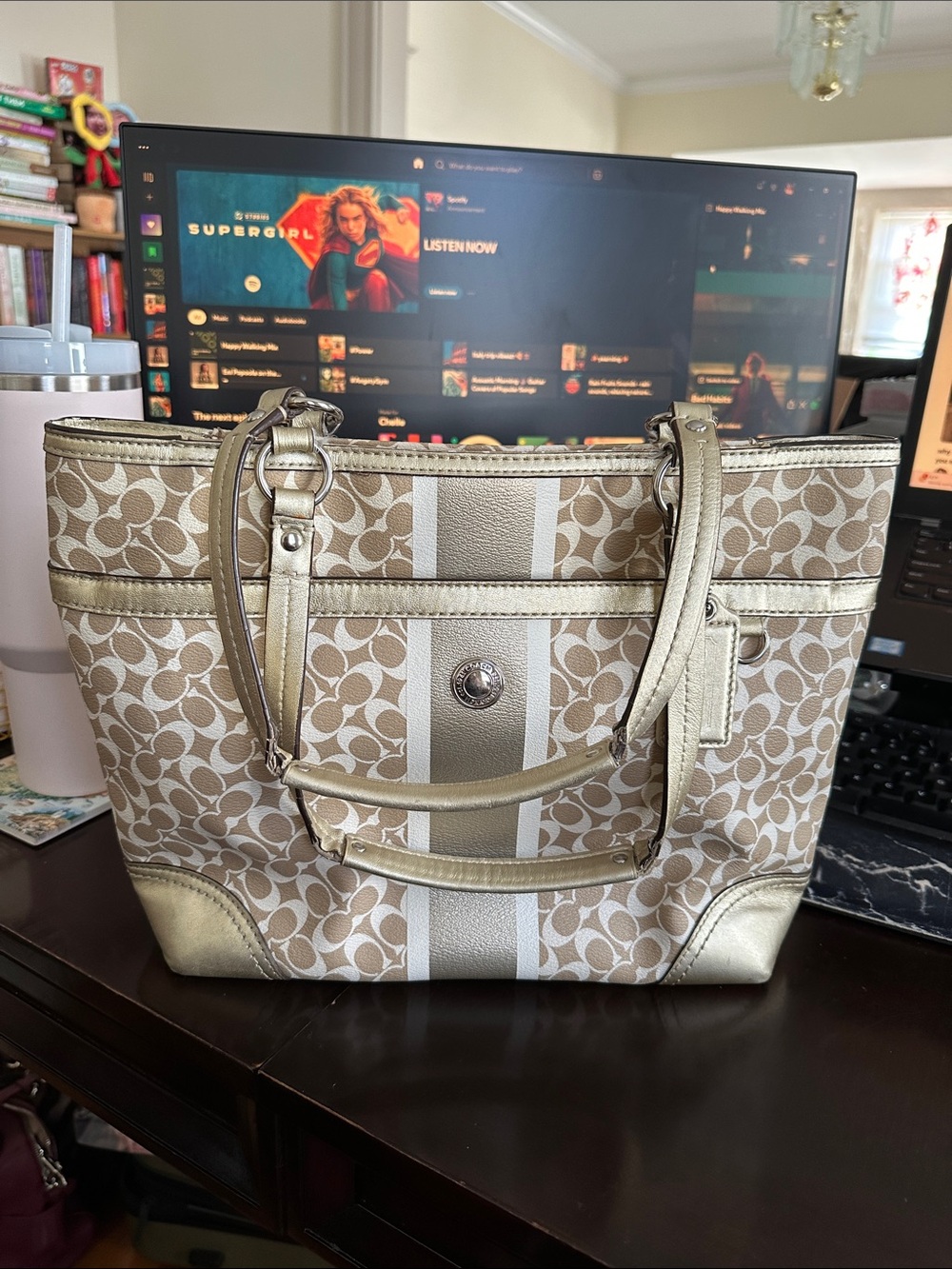 Coach vintage beige Signature Tote with Metallic Gold Trim